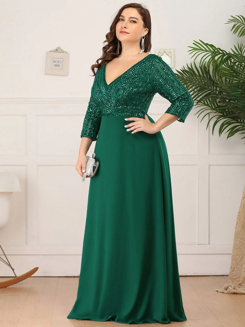 ever IRIS|Robe de soirée chic à manches mi-longues en V avec une coupe évasée et longueur au sol ornée de patchwork en sequins