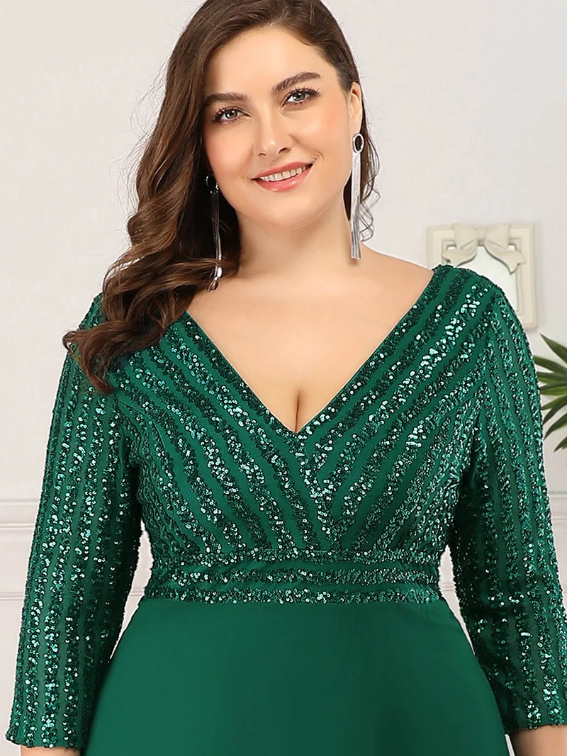 ever IRIS|Robe de soirée chic à manches mi-longues en V avec une coupe évasée et longueur au sol ornée de patchwork en sequins