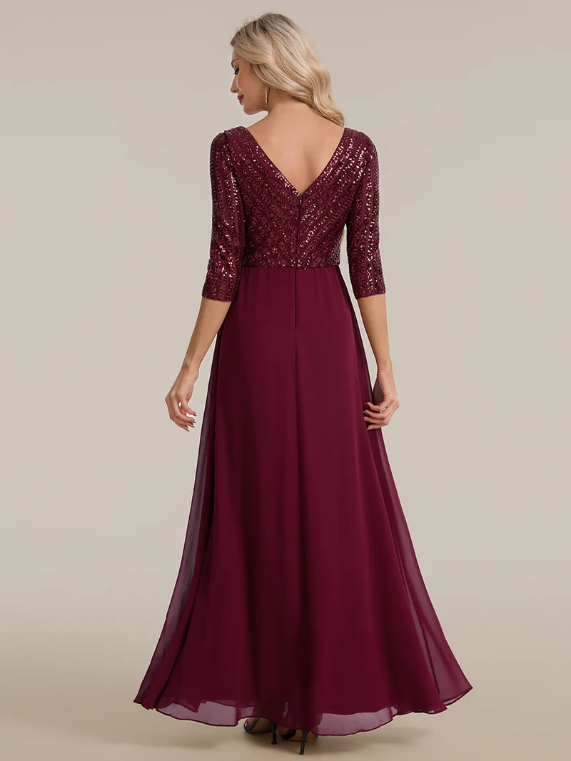 ever IRIS|Robe de soirée chic à manches mi-longues en V avec une coupe évasée et longueur au sol ornée de patchwork en sequins