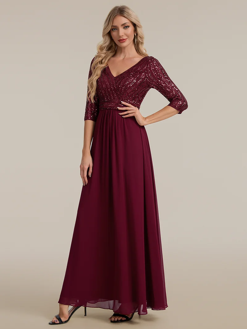 ever IRIS|Robe de soirée chic à manches mi-longues en V avec une coupe évasée et longueur au sol ornée de patchwork en sequins