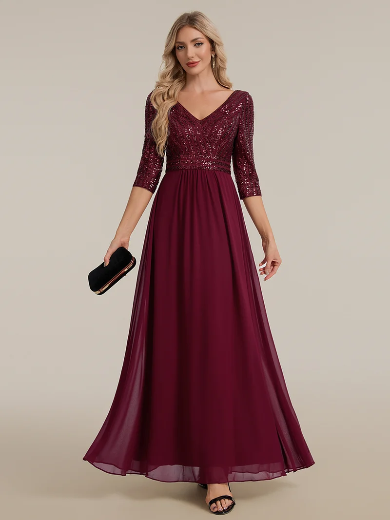 ever IRIS|Robe de soirée chic à manches mi-longues en V avec une coupe évasée et longueur au sol ornée de patchwork en sequins