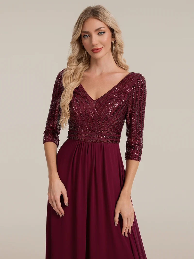 ever IRIS|Robe de soirée chic à manches mi-longues en V avec une coupe évasée et longueur au sol ornée de patchwork en sequins