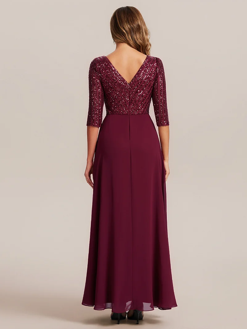 ever IRIS|Robe de soirée chic à manches mi-longues en V avec une coupe évasée et longueur au sol ornée de patchwork en sequins