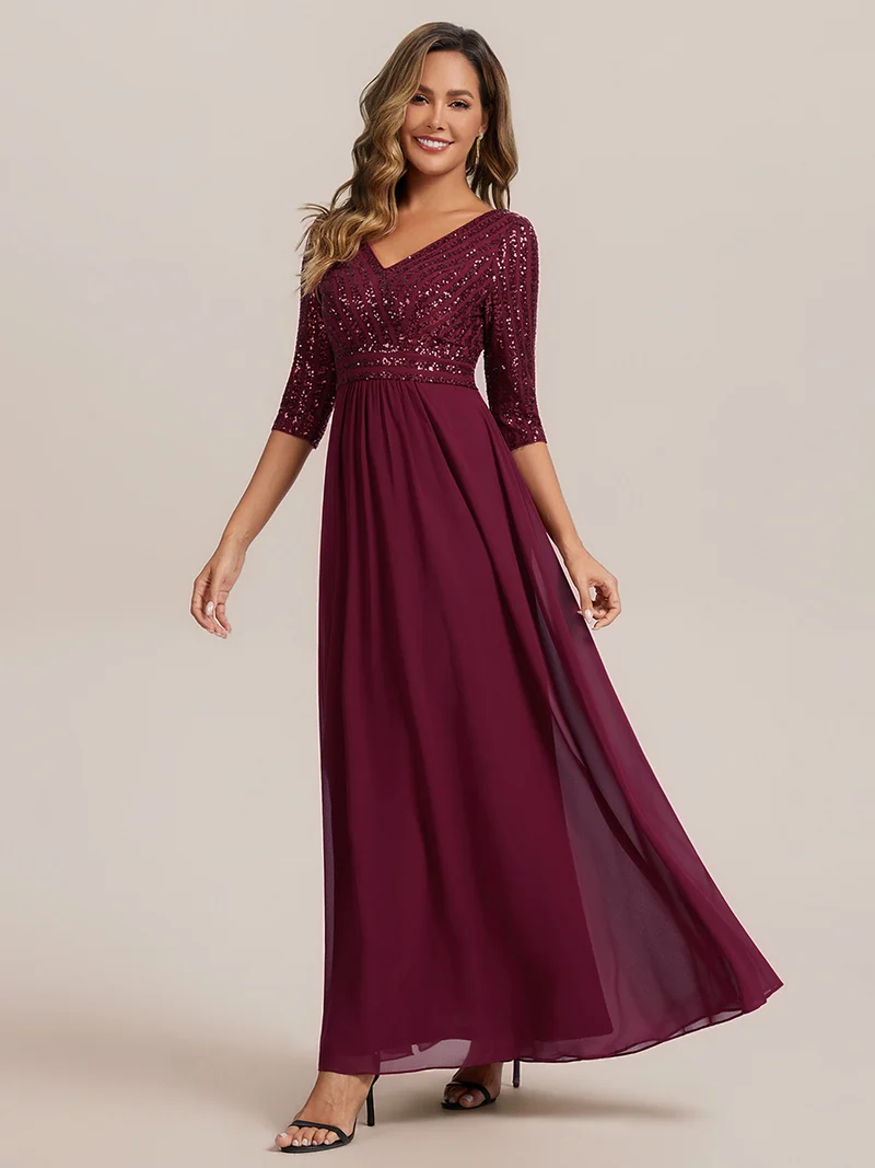 ever IRIS|Robe de soirée chic à manches mi-longues en V avec une coupe évasée et longueur au sol ornée de patchwork en sequins