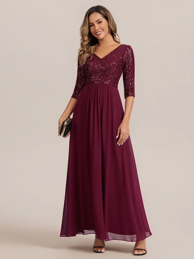 ever IRIS|Robe de soirée chic à manches mi-longues en V avec une coupe évasée et longueur au sol ornée de patchwork en sequins