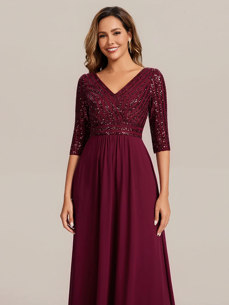 ever IRIS|Robe de soirée chic à manches mi-longues en V avec une coupe évasée et longueur au sol ornée de patchwork en sequins