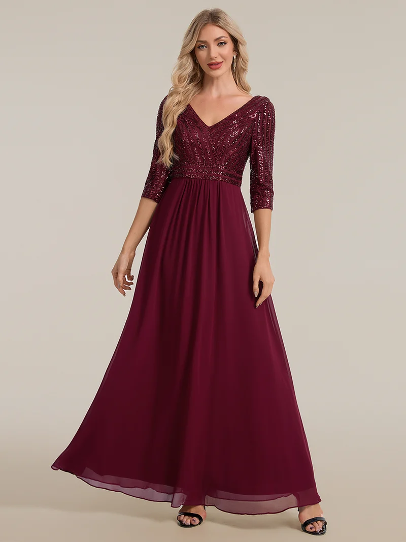 ever IRIS|Robe de soirée chic à manches mi-longues en V avec une coupe évasée et longueur au sol ornée de patchwork en sequins