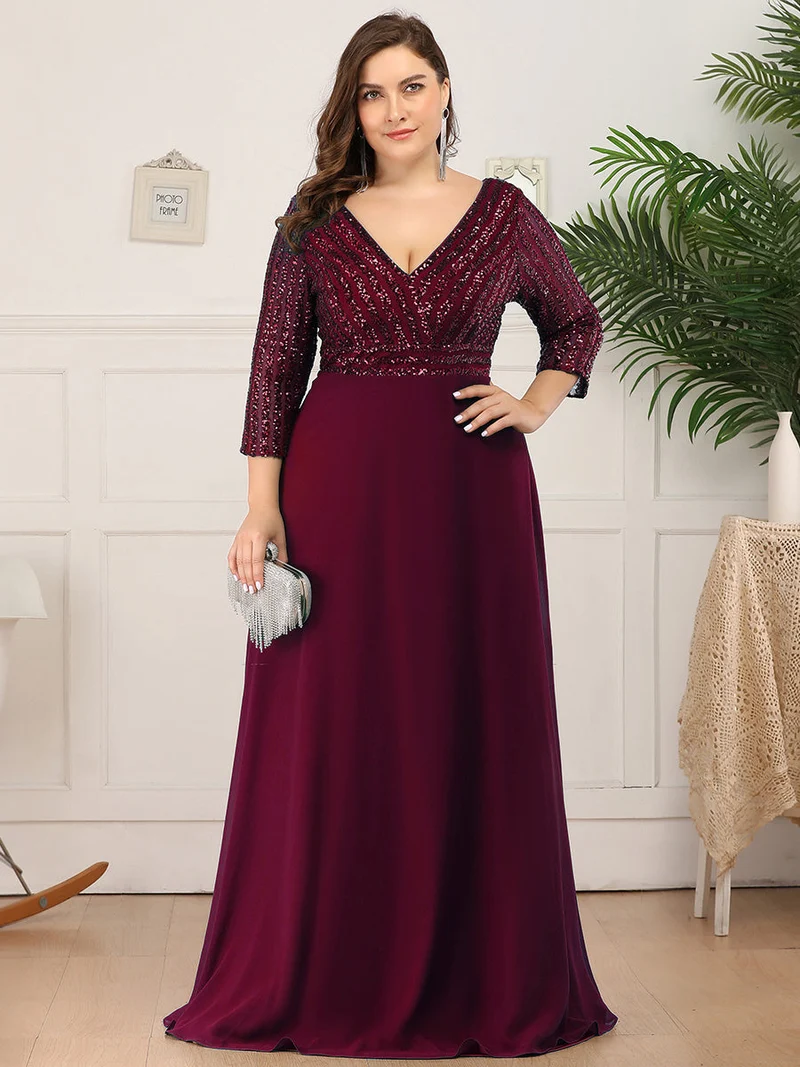 ever IRIS|Robe de soirée chic à manches mi-longues en V avec une coupe évasée et longueur au sol ornée de patchwork en sequins
