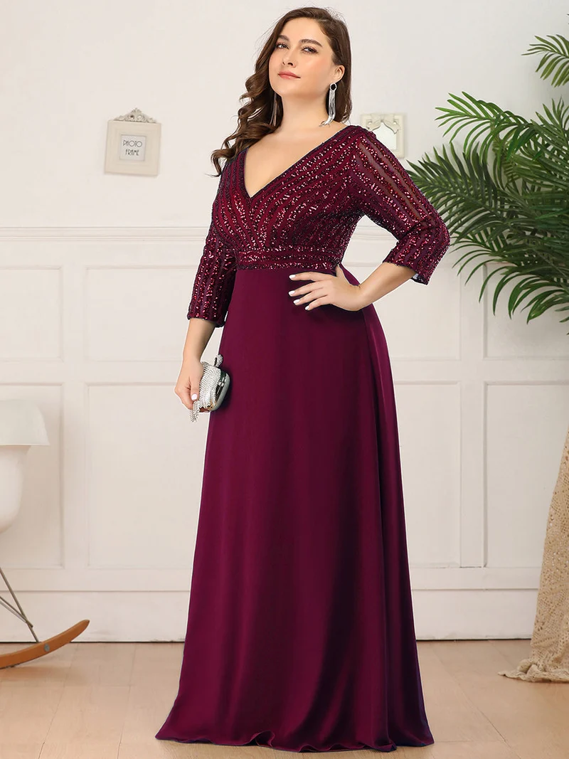 ever IRIS|Robe de soirée chic à manches mi-longues en V avec une coupe évasée et longueur au sol ornée de patchwork en sequins
