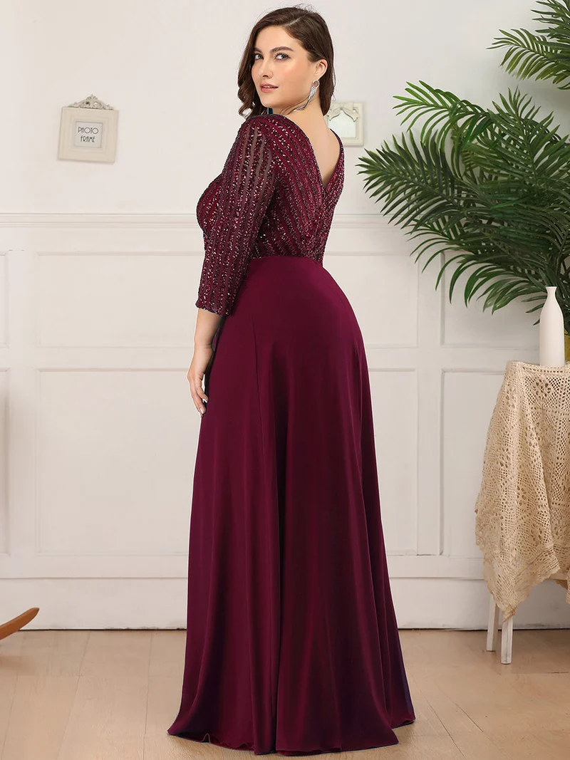 ever IRIS|Robe de soirée chic à manches mi-longues en V avec une coupe évasée et longueur au sol ornée de patchwork en sequins