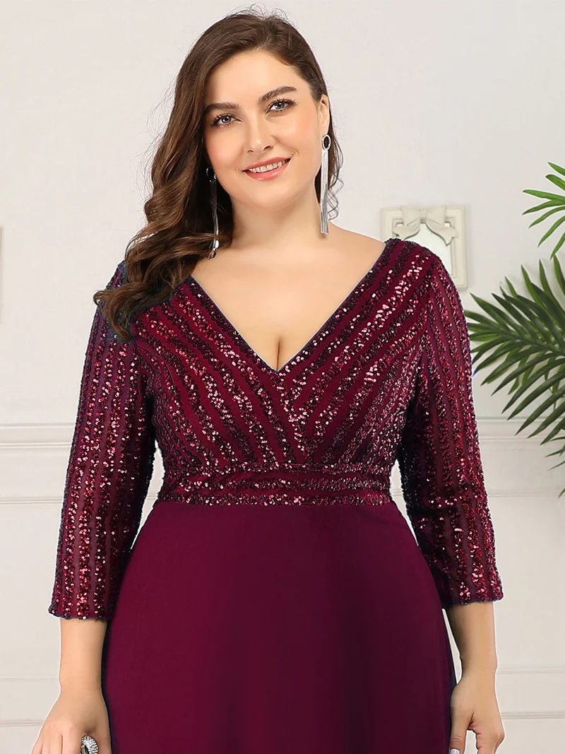 ever IRIS|Robe de soirée chic à manches mi-longues en V avec une coupe évasée et longueur au sol ornée de patchwork en sequins