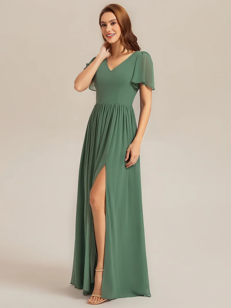 ever AMIRA|Robe longue à manches courtes en V imprimée florale avec volants et poches Robe de demoiselle d'honneur(Vente Finale)