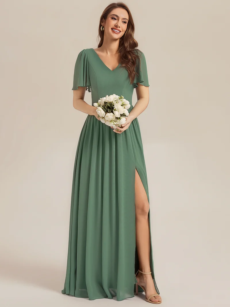 ever AMIRA|Robe longue à manches courtes en V imprimée florale avec volants et poches Robe de demoiselle d'honneur(Vente Finale)