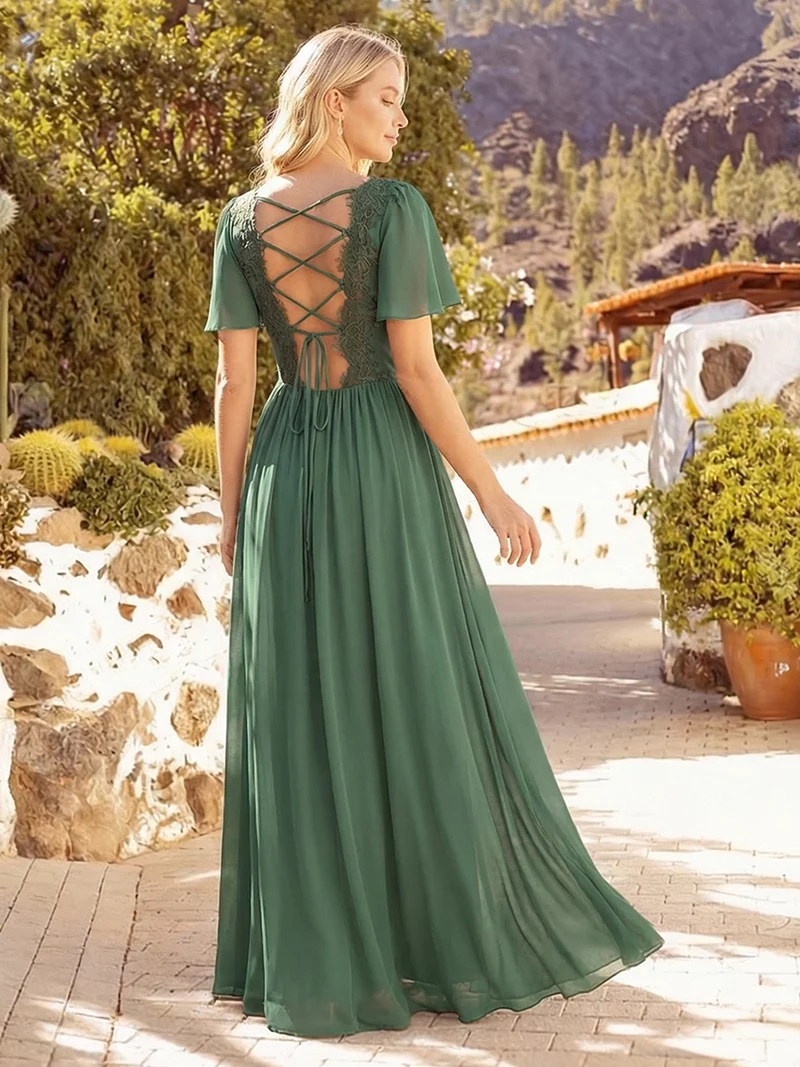 ever AMIRA|Robe longue à manches courtes en V imprimée florale avec volants et poches Robe de demoiselle d'honneur(Vente Finale)
