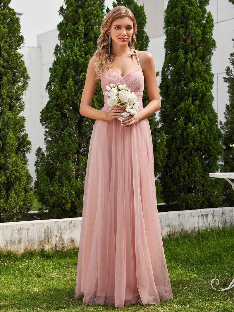Robe longue sans manches à décolleté en V profond avec plissé et finition en dentelle à frange Robe de demoiselle d'honneur
