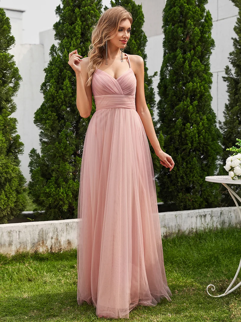Robe longue sans manches à décolleté en V profond avec plissé et finition en dentelle à frange Robe de demoiselle d'honneur