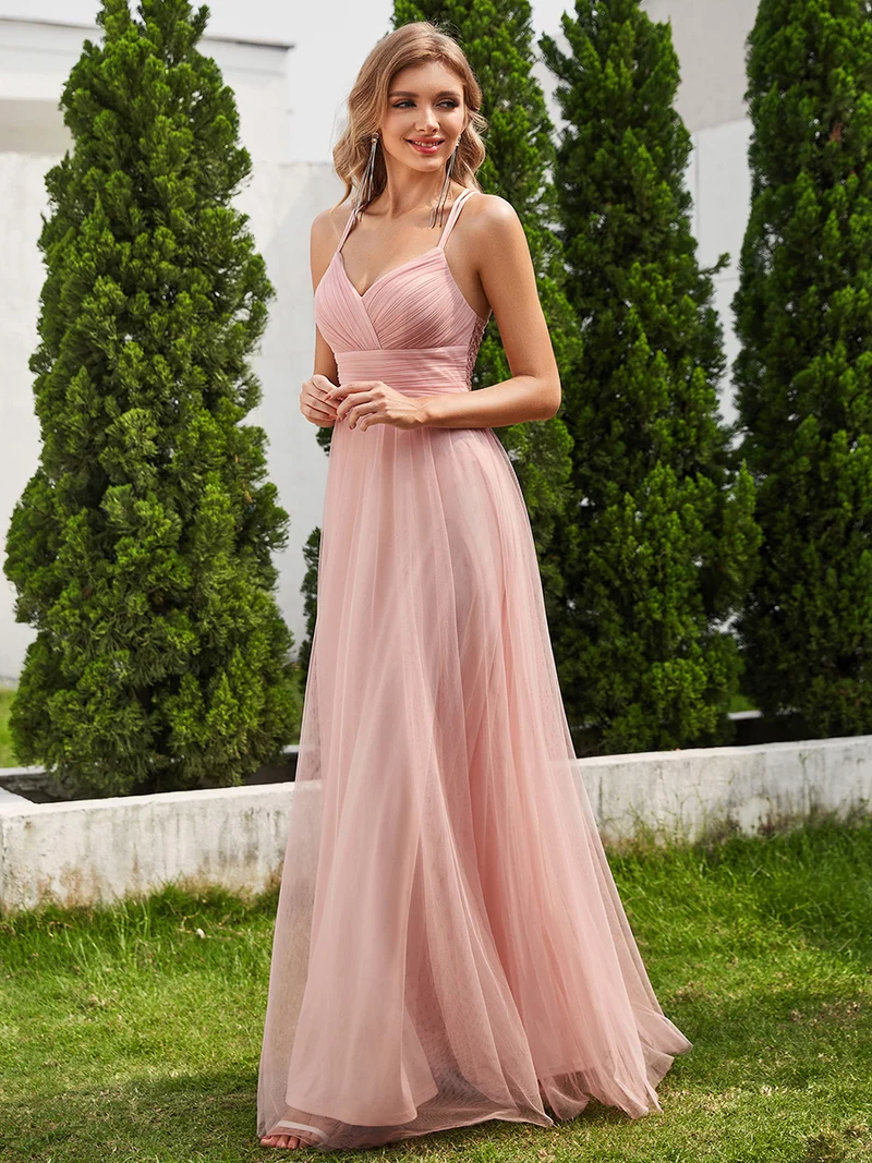 Robe longue sans manches à décolleté en V profond avec plissé et finition en dentelle à frange Robe de demoiselle d'honneur