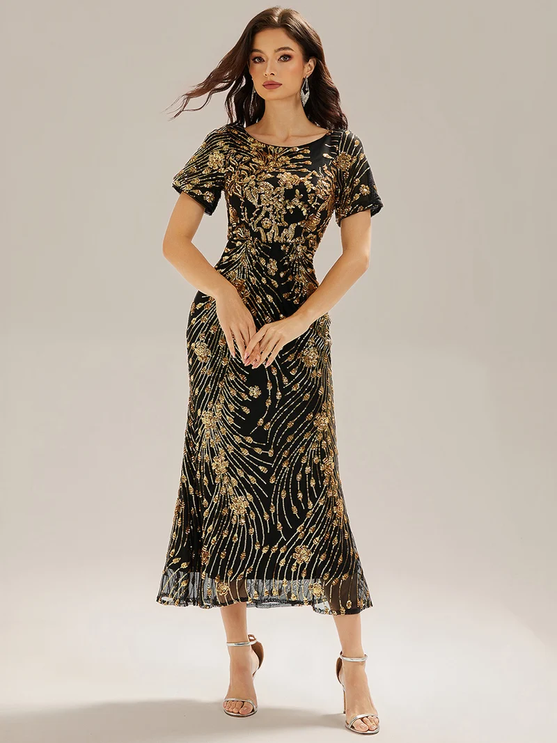 Robe de soirée chic sans bretelles en stretch haut avec détail froncé et col rond longueur midi