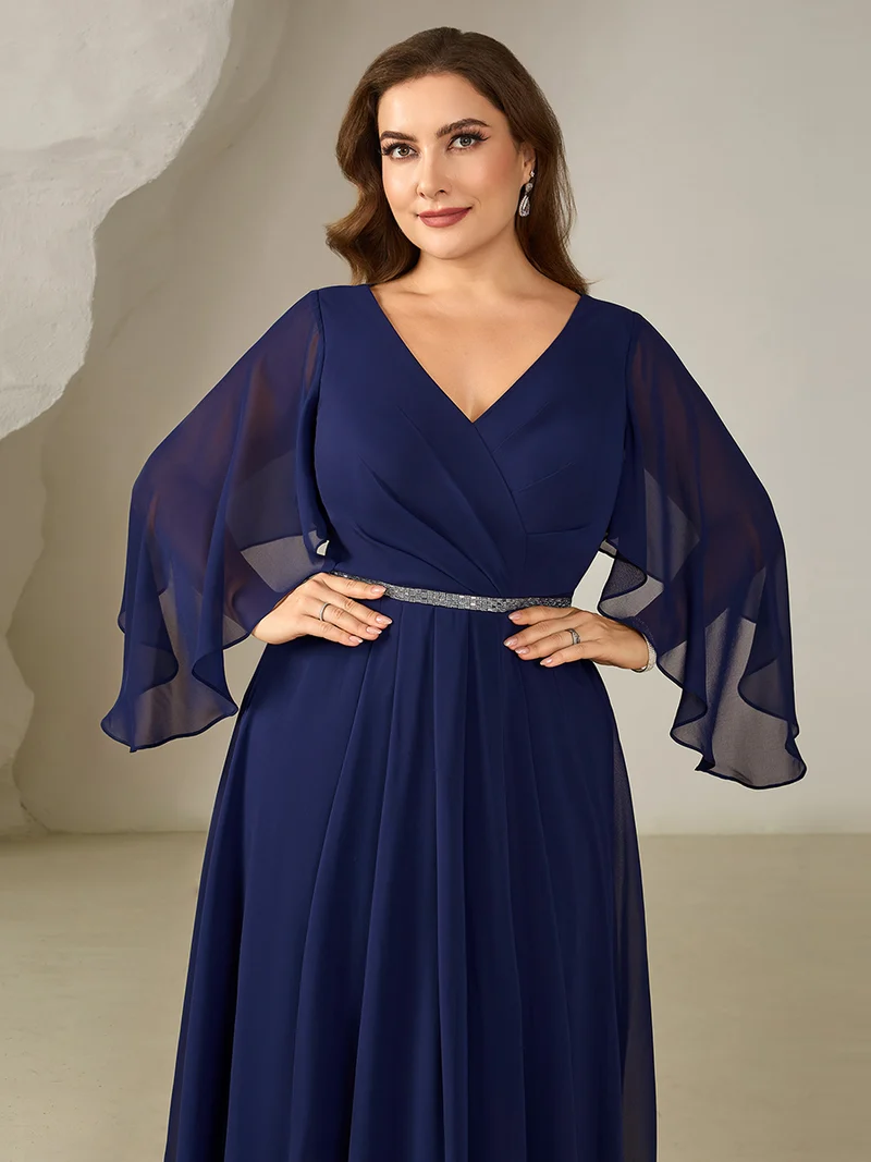 pretty WYNN|Robe midi A ligne à encolure en V profond à volants et manches trois quarts grande taille avec accent chaîne Robes d'invité de mariage