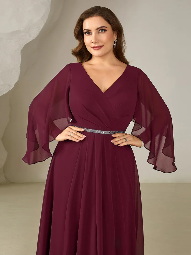 pretty WYNN|Robe midi A ligne à encolure en V profond à volants et manches trois quarts grande taille avec accent chaîne Robes d'invité de mariage