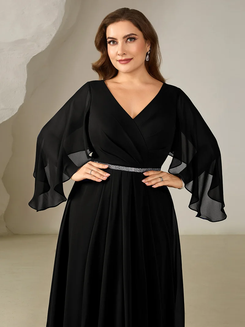 pretty WYNN|Robe midi A ligne à encolure en V profond à volants et manches trois quarts grande taille avec accent chaîne Robes d'invité de mariage