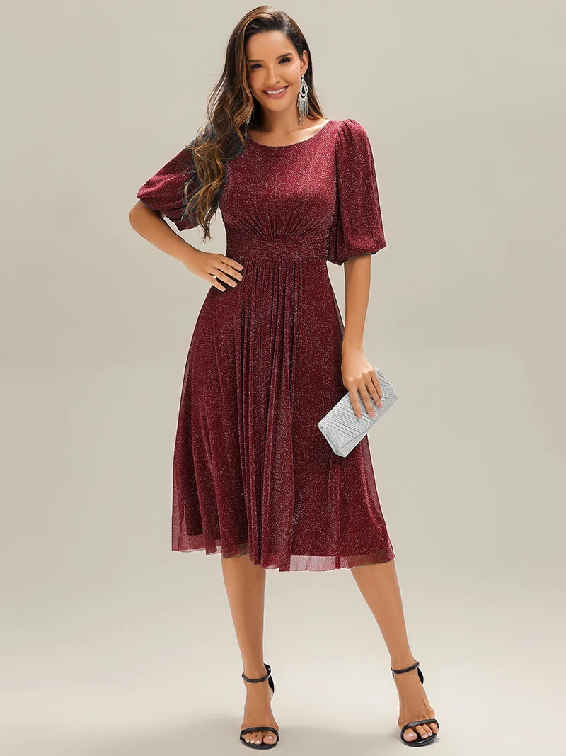 ever MARIS|Robe d'invité de mariage midi à encolure ronde à manches courtes et taille froncée(Vente Finale)