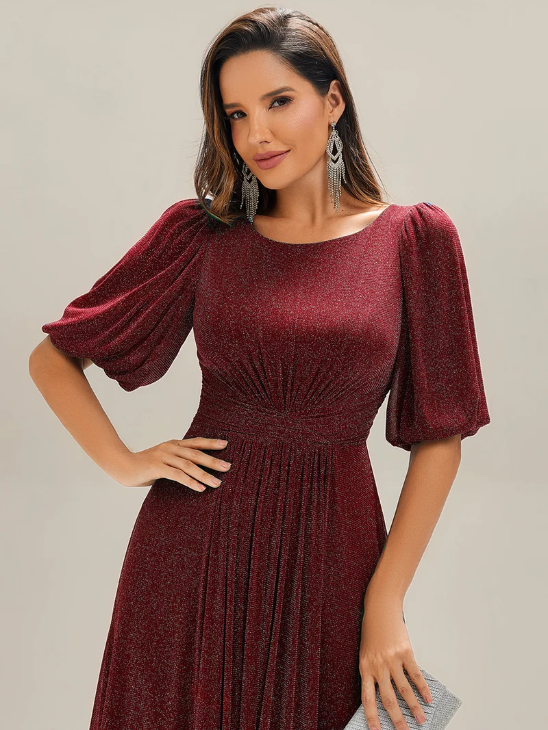ever MARIS|Robe d'invité de mariage midi à encolure ronde à manches courtes et taille froncée(Vente Finale)