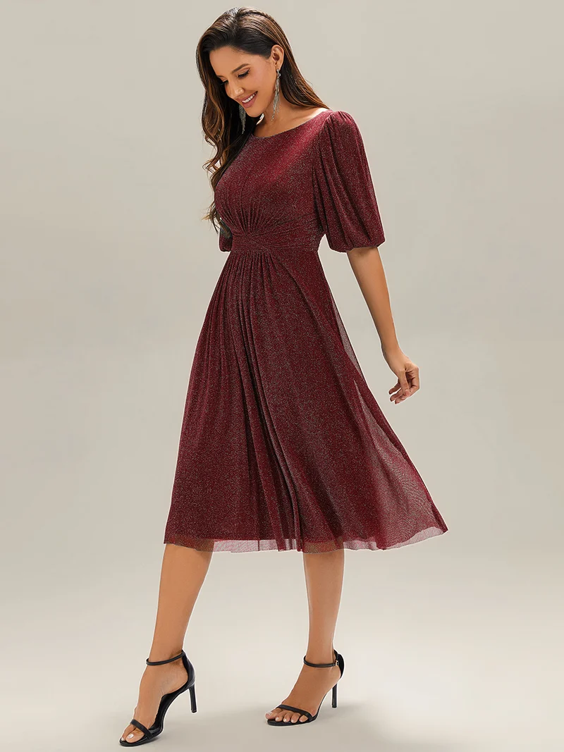 ever MARIS|Robe d'invité de mariage midi à encolure ronde à manches courtes et taille froncée(Vente Finale)