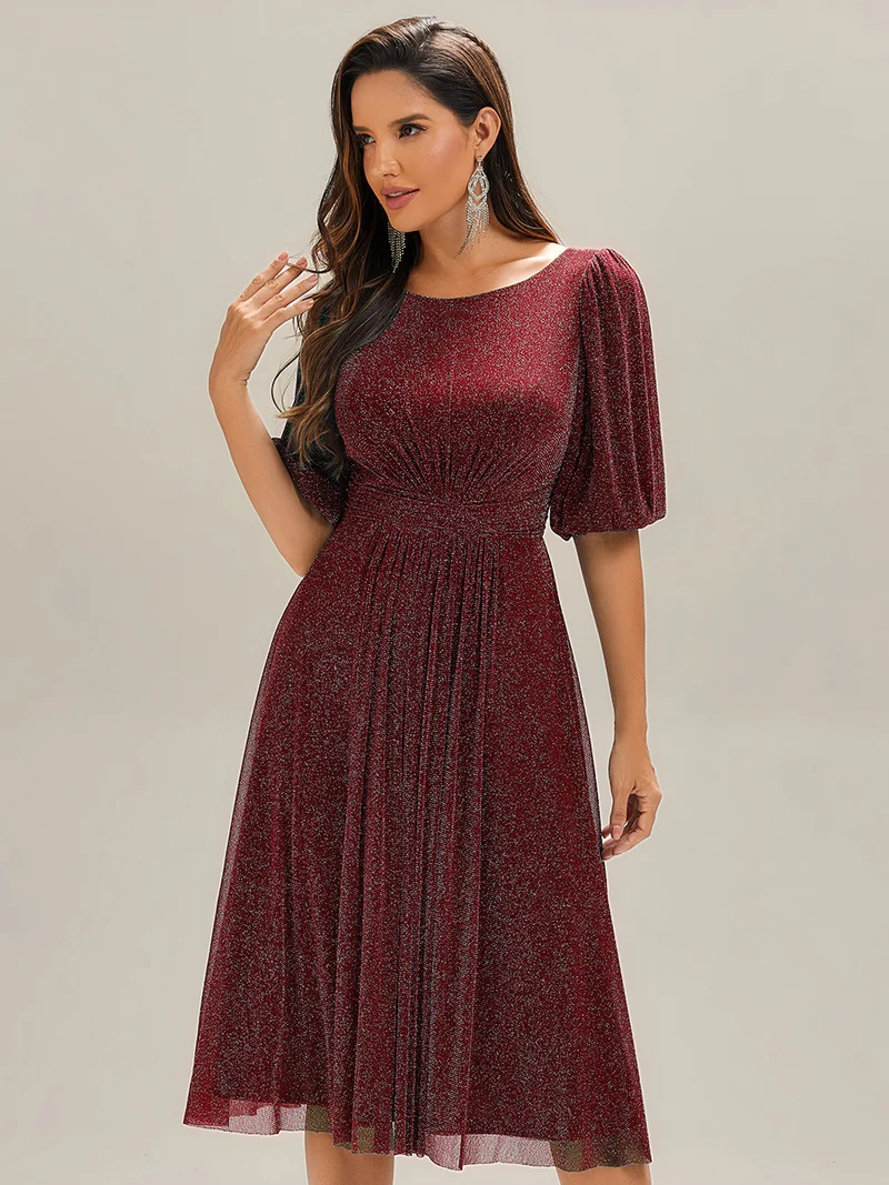 ever MARIS|Robe d'invité de mariage midi à encolure ronde à manches courtes et taille froncée(Vente Finale)