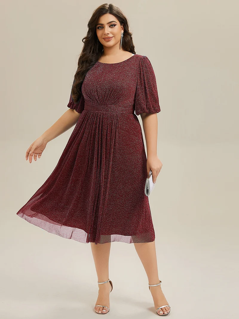 ever MARIS|Robe d'invité de mariage midi à encolure ronde à manches courtes et taille froncée(Vente Finale)