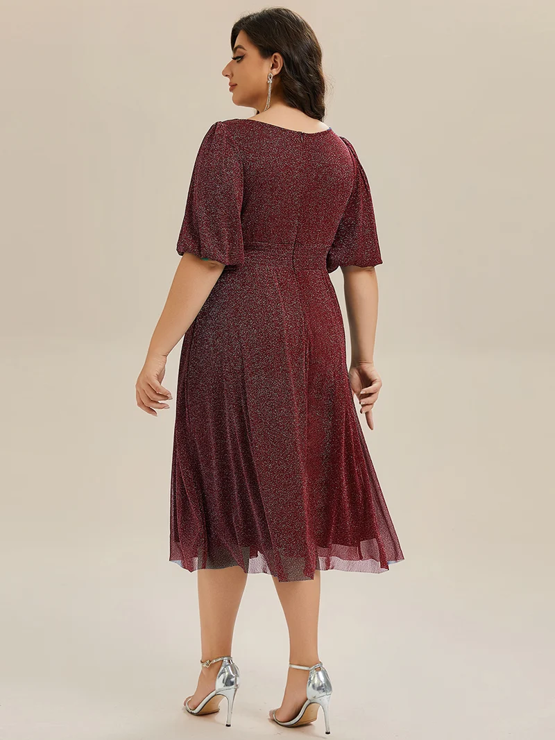 ever MARIS|Robe d'invité de mariage midi à encolure ronde à manches courtes et taille froncée(Vente Finale)