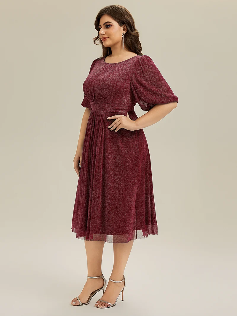 ever MARIS|Robe d'invité de mariage midi à encolure ronde à manches courtes et taille froncée(Vente Finale)