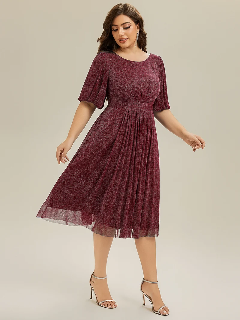 ever MARIS|Robe d'invité de mariage midi à encolure ronde à manches courtes et taille froncée(Vente Finale)