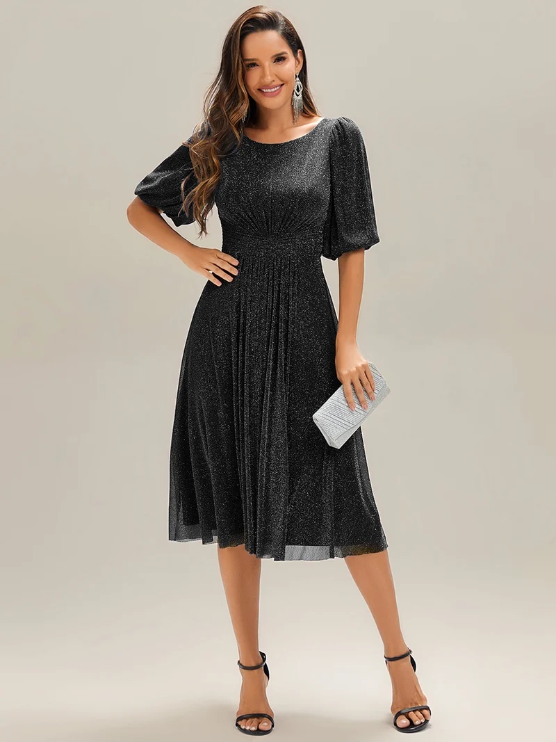 ever MARIS|Robe d'invité de mariage midi à encolure ronde à manches courtes et taille froncée(Vente Finale)
