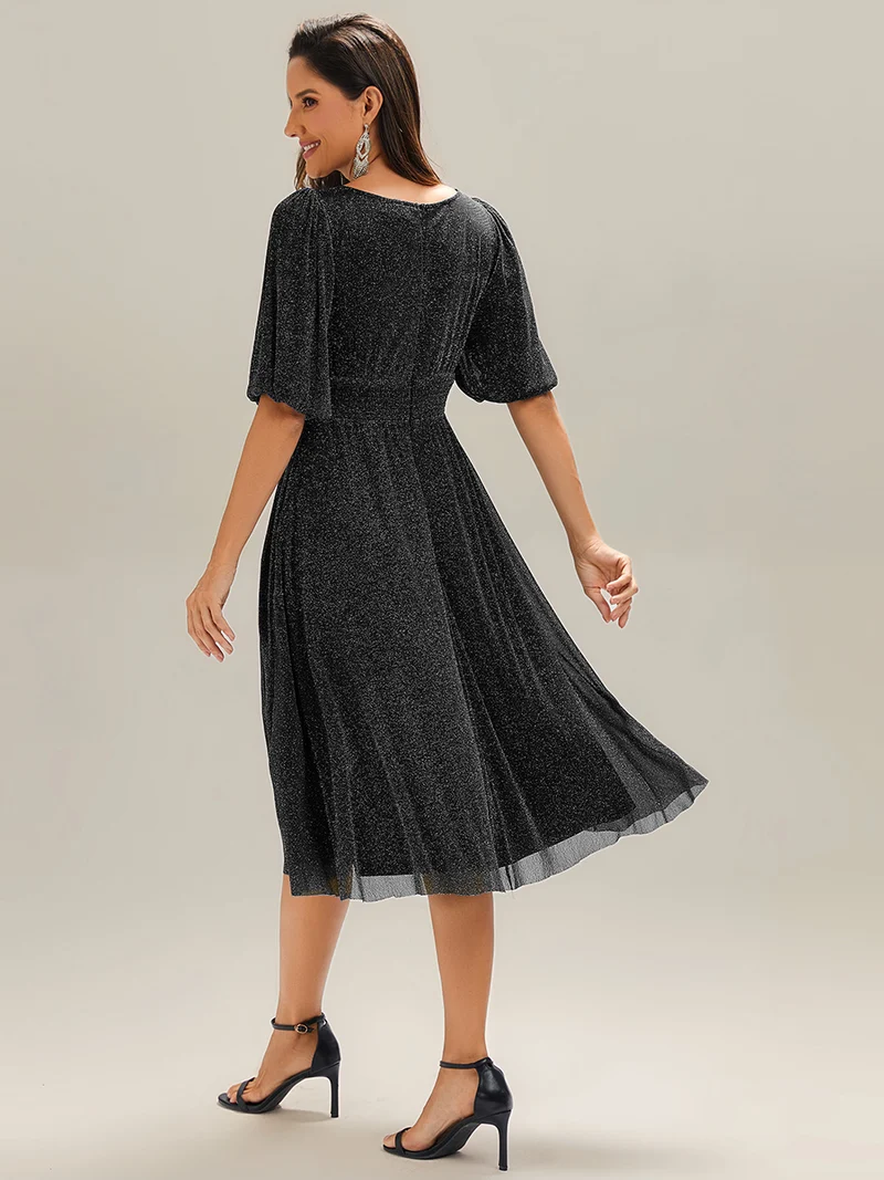 ever MARIS|Robe d'invité de mariage midi à encolure ronde à manches courtes et taille froncée(Vente Finale)