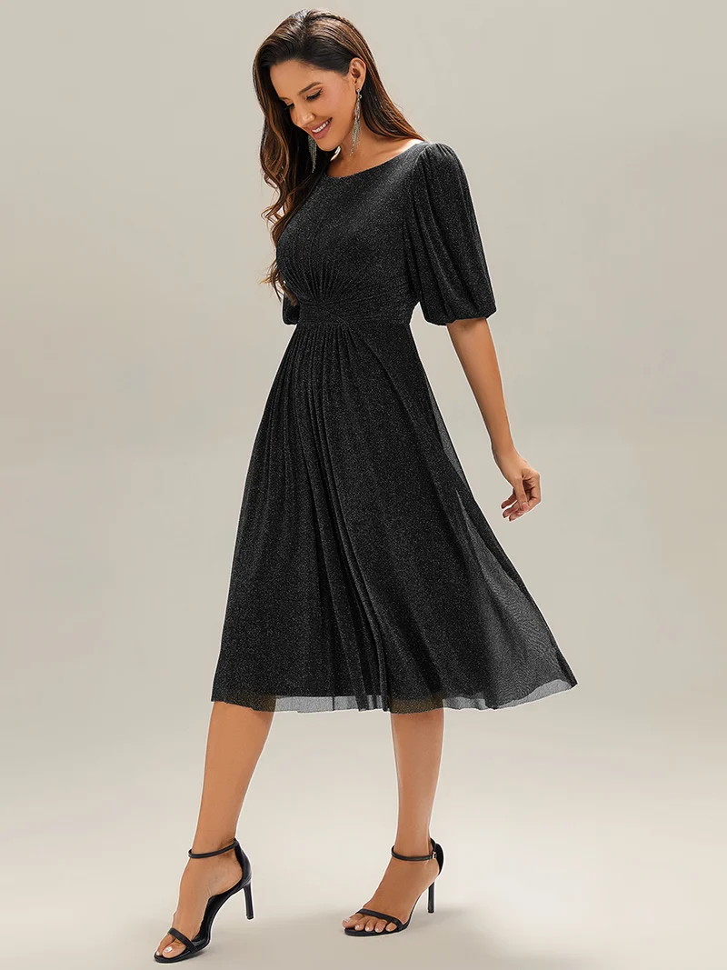 ever MARIS|Robe d'invité de mariage midi à encolure ronde à manches courtes et taille froncée(Vente Finale)