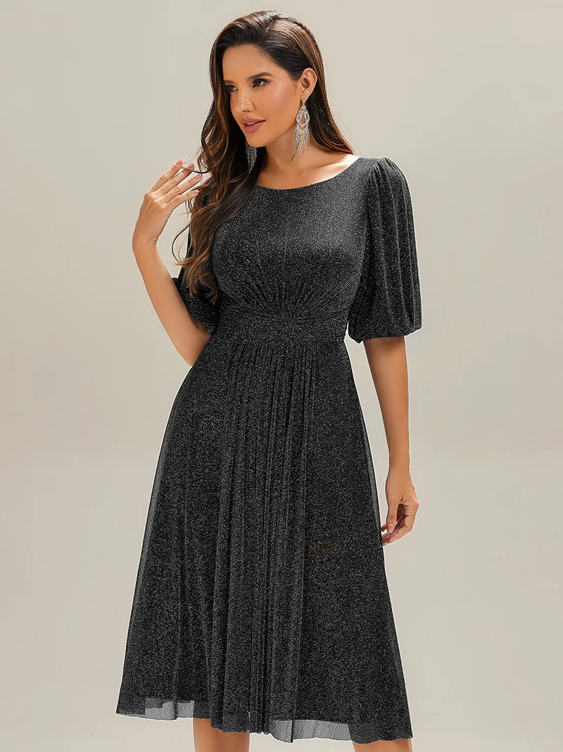 ever MARIS|Robe d'invité de mariage midi à encolure ronde à manches courtes et taille froncée(Vente Finale)