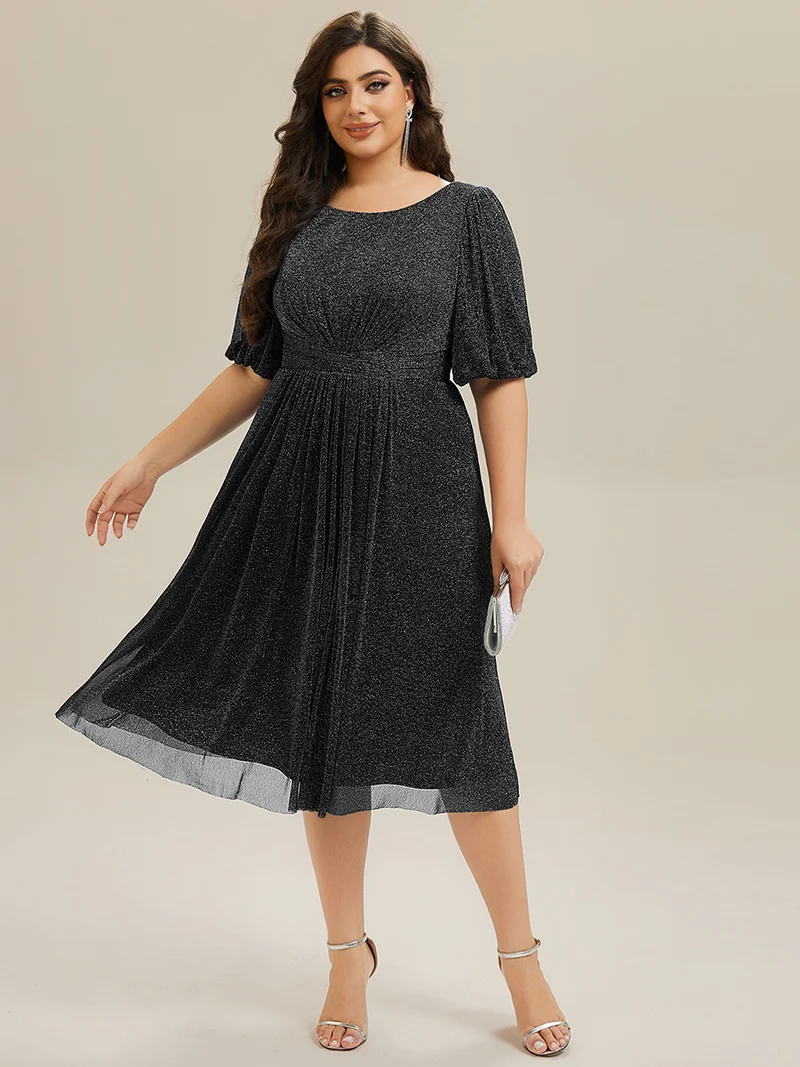 ever MARIS|Robe d'invité de mariage midi à encolure ronde à manches courtes et taille froncée(Vente Finale)