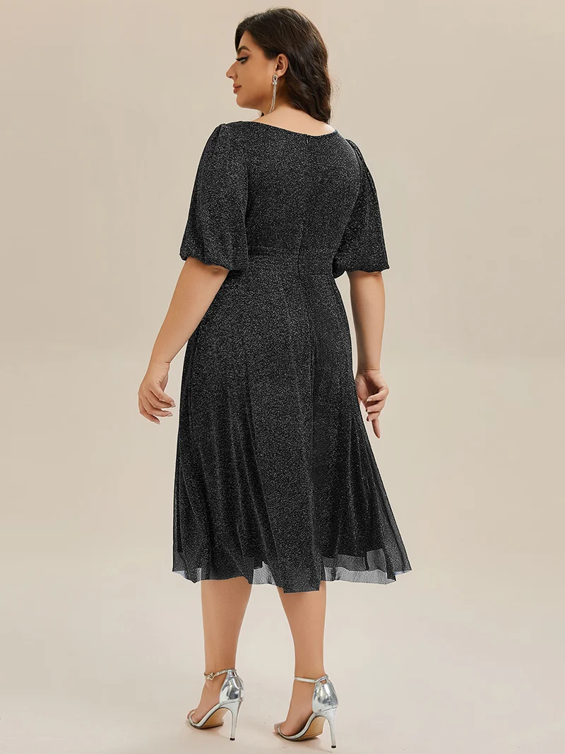 ever MARIS|Robe d'invité de mariage midi à encolure ronde à manches courtes et taille froncée(Vente Finale)