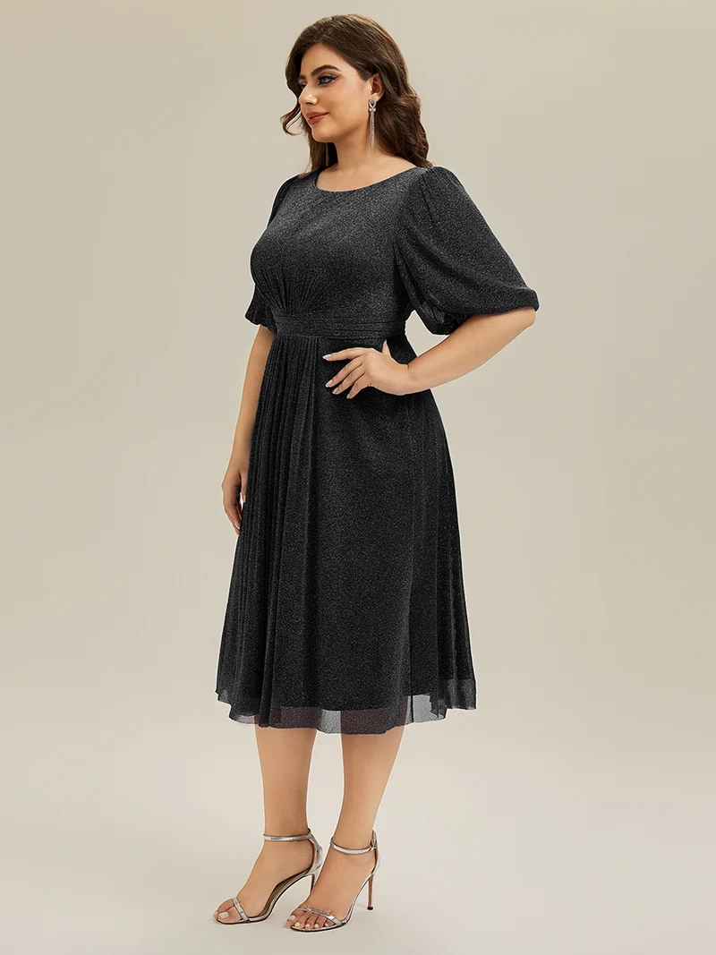 ever MARIS|Robe d'invité de mariage midi à encolure ronde à manches courtes et taille froncée(Vente Finale)