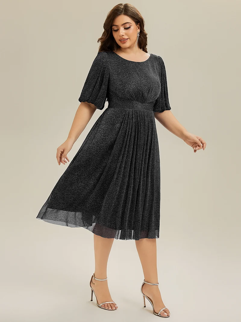 ever MARIS|Robe d'invité de mariage midi à encolure ronde à manches courtes et taille froncée(Vente Finale)