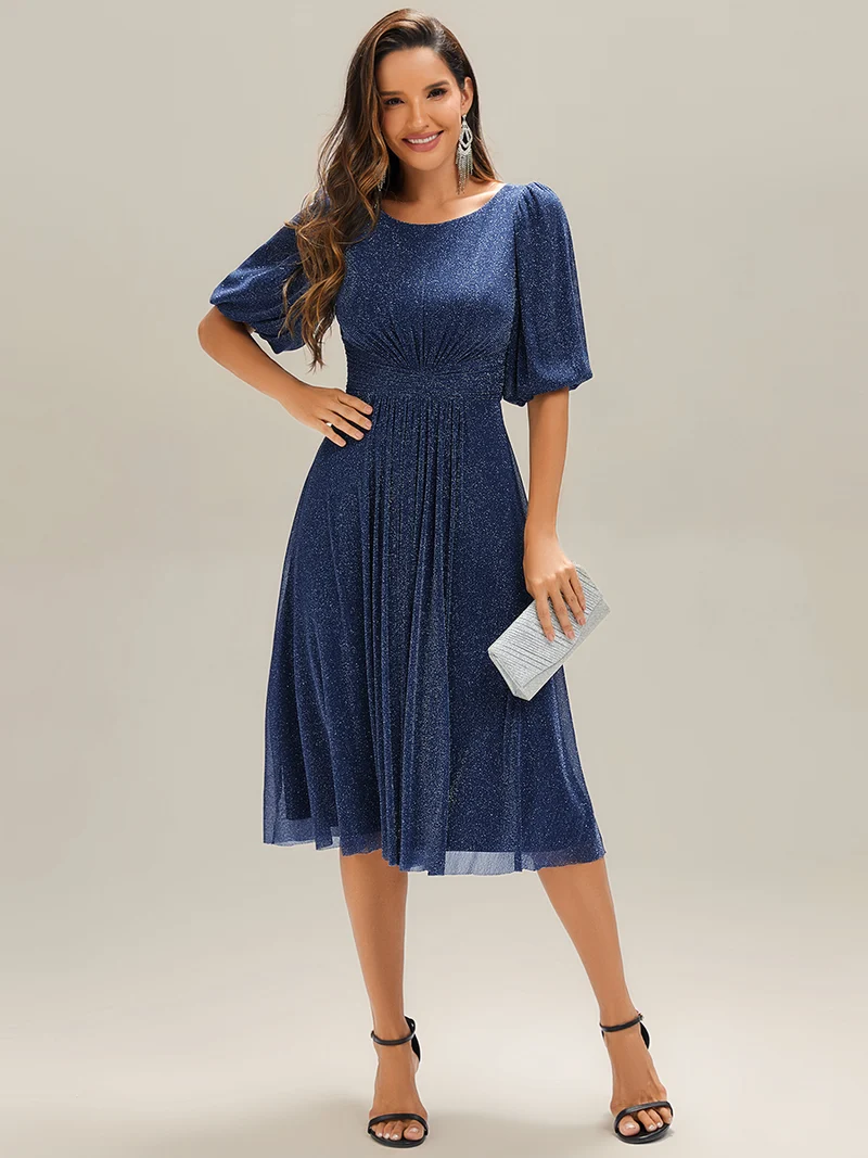 ever MARIS|Robe d'invité de mariage midi à encolure ronde à manches courtes et taille froncée(Vente Finale)