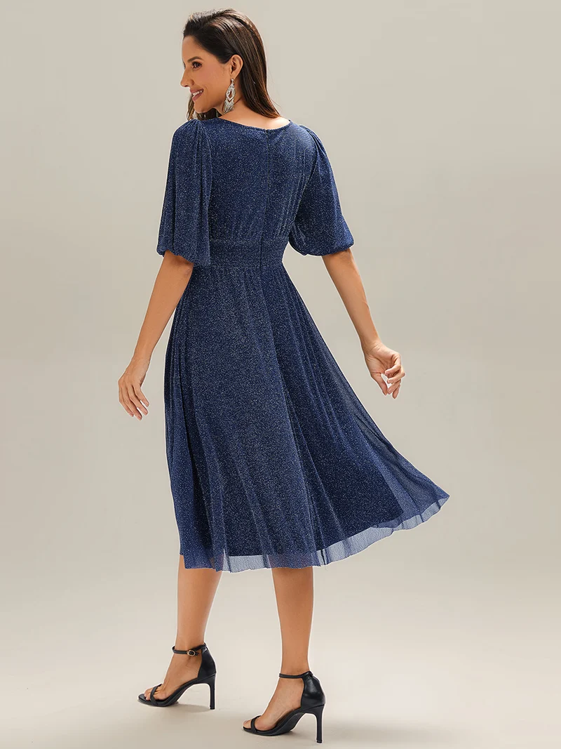 ever MARIS|Robe d'invité de mariage midi à encolure ronde à manches courtes et taille froncée(Vente Finale)