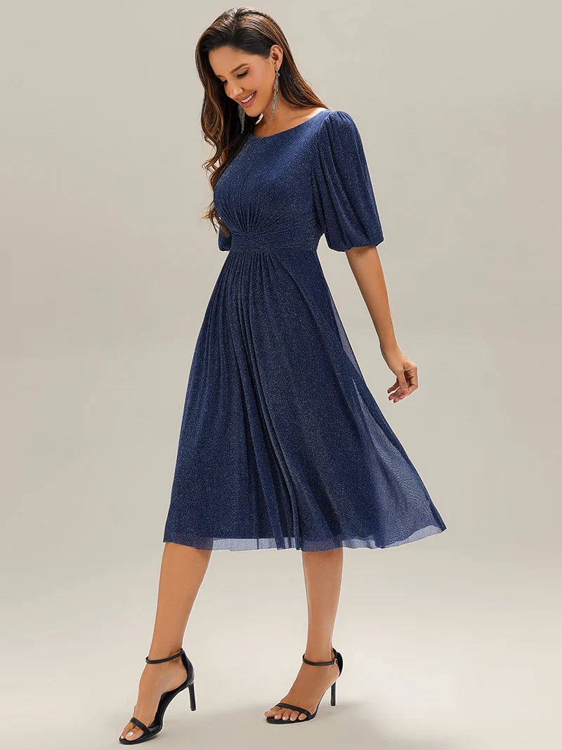 ever MARIS|Robe d'invité de mariage midi à encolure ronde à manches courtes et taille froncée(Vente Finale)