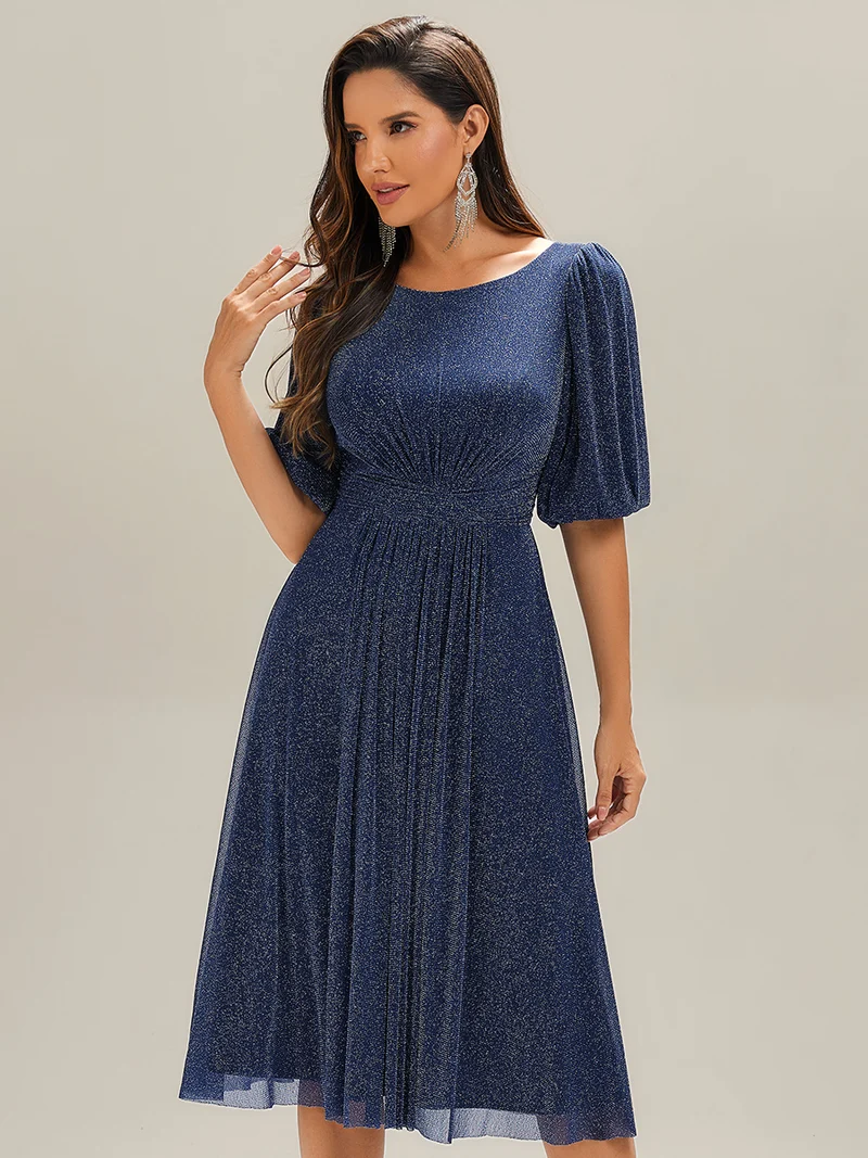ever MARIS|Robe d'invité de mariage midi à encolure ronde à manches courtes et taille froncée(Vente Finale)