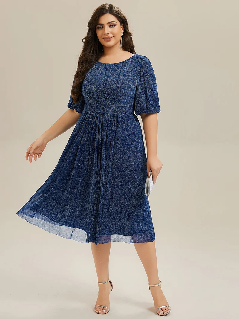 ever MARIS|Robe d'invité de mariage midi à encolure ronde à manches courtes et taille froncée(Vente Finale)