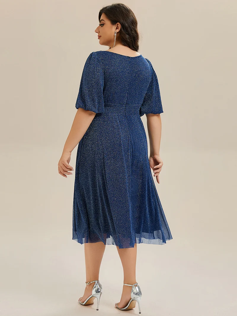 ever MARIS|Robe d'invité de mariage midi à encolure ronde à manches courtes et taille froncée(Vente Finale)