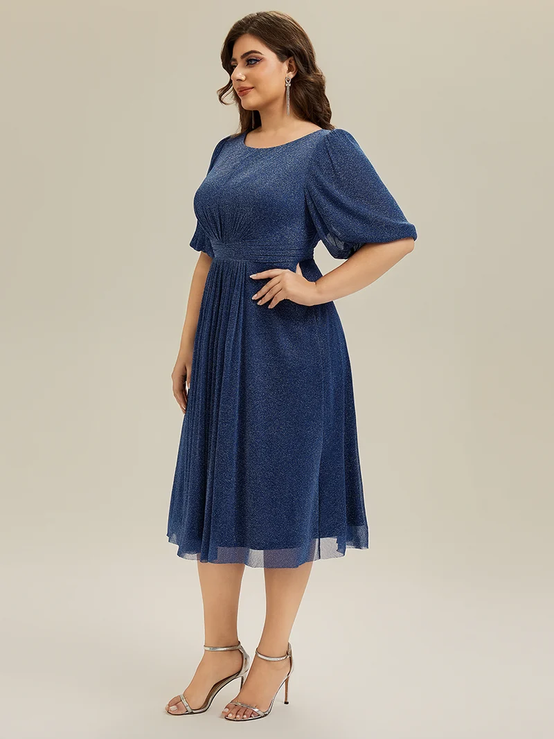 ever MARIS|Robe d'invité de mariage midi à encolure ronde à manches courtes et taille froncée(Vente Finale)