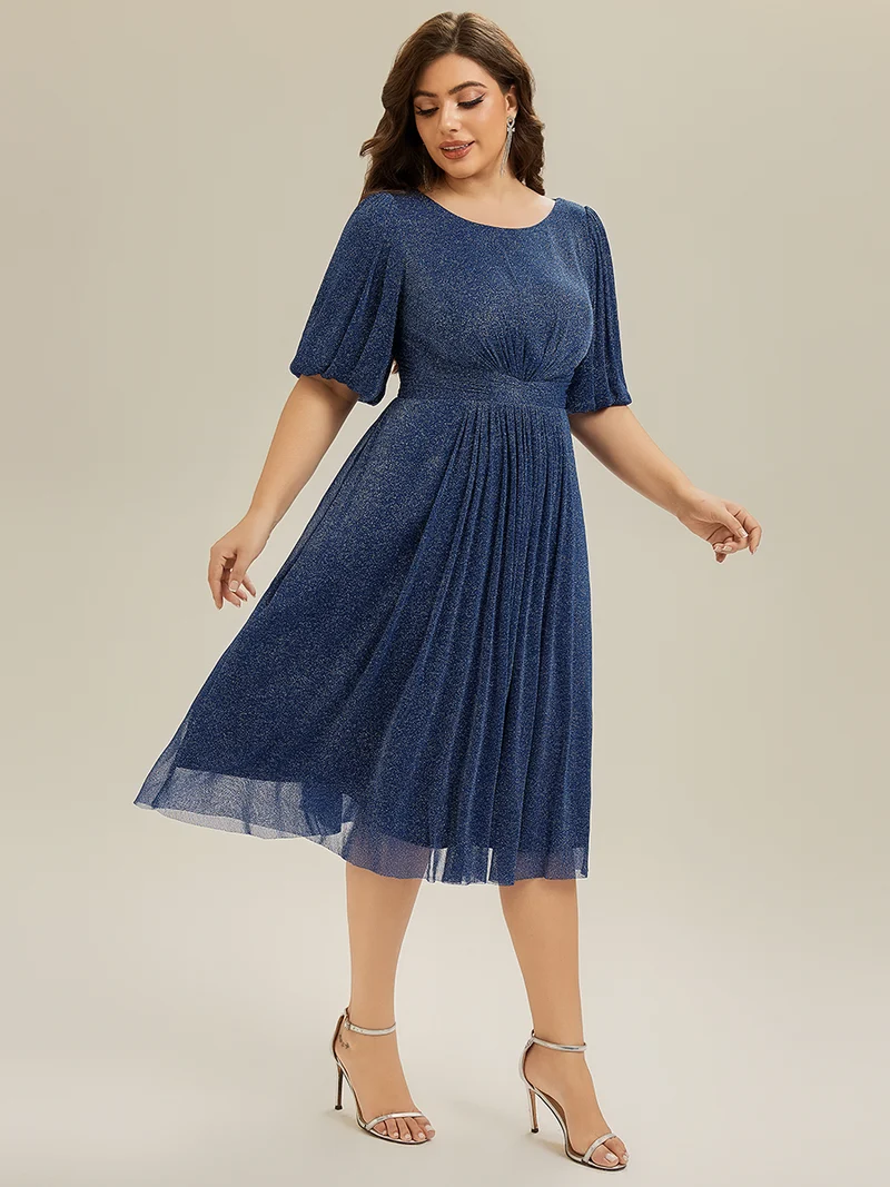 ever MARIS|Robe d'invité de mariage midi à encolure ronde à manches courtes et taille froncée(Vente Finale)