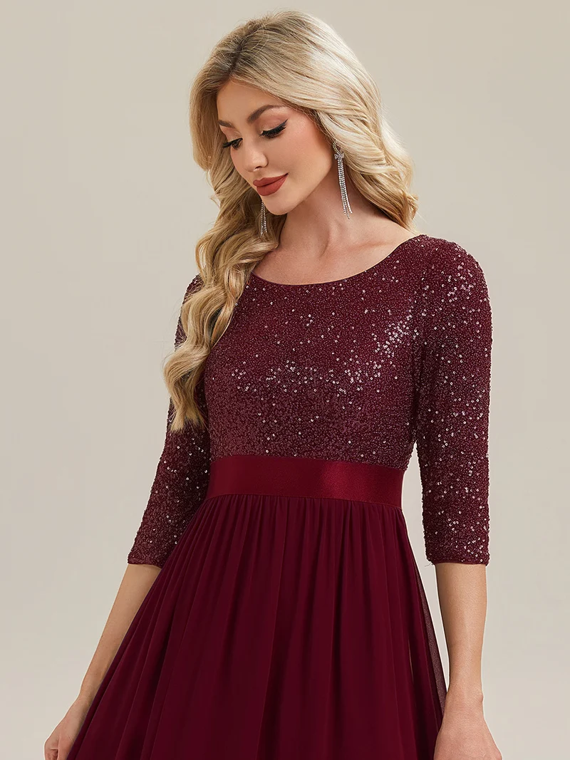 ever EMILIA|Robe de soirée chic à manches trois quarts en sequins avec patchwork coupe A longueur de sol et col rond
